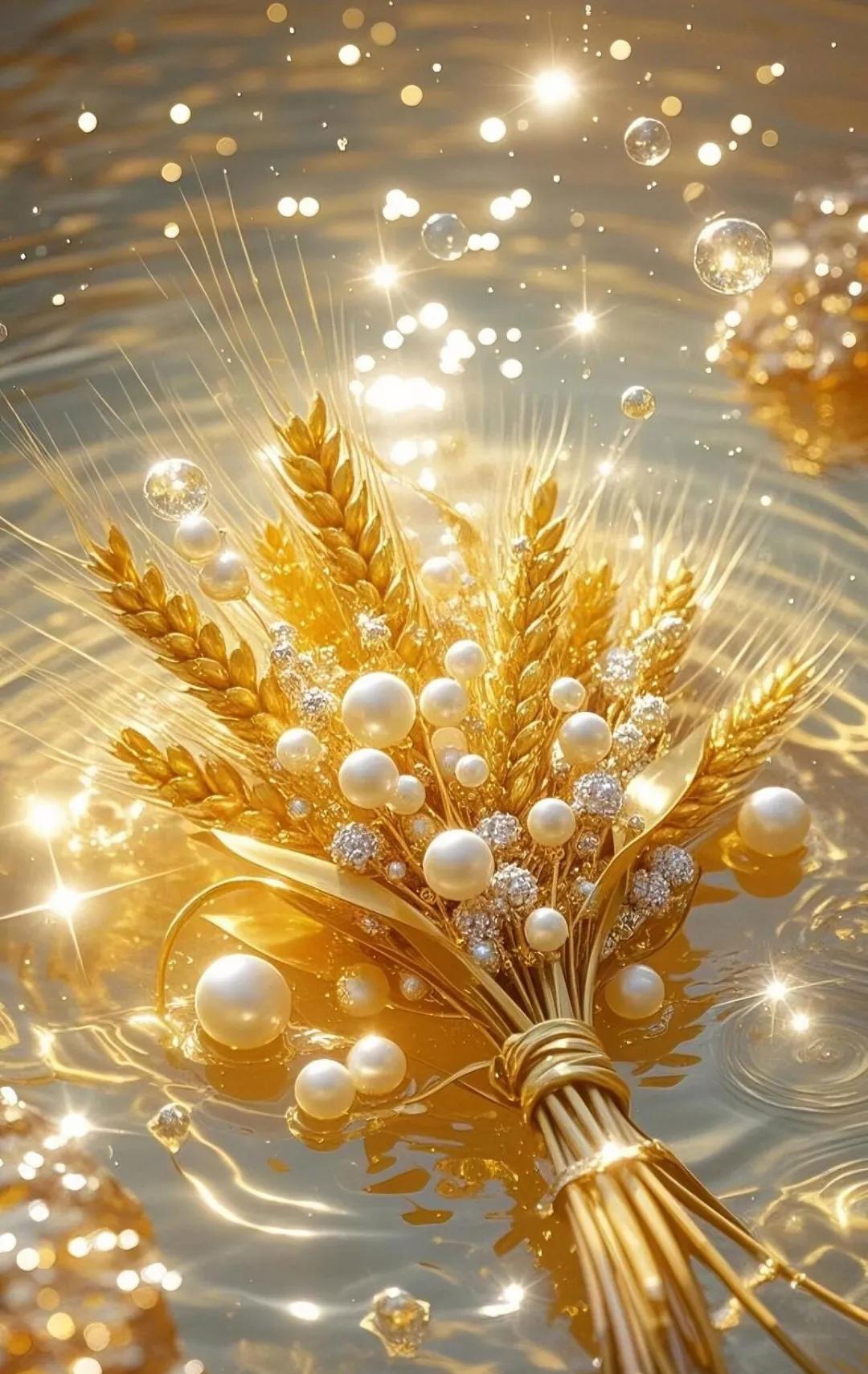 哇,这金色麦穗和珍珠在水中闪耀,美得像梦境一样!
