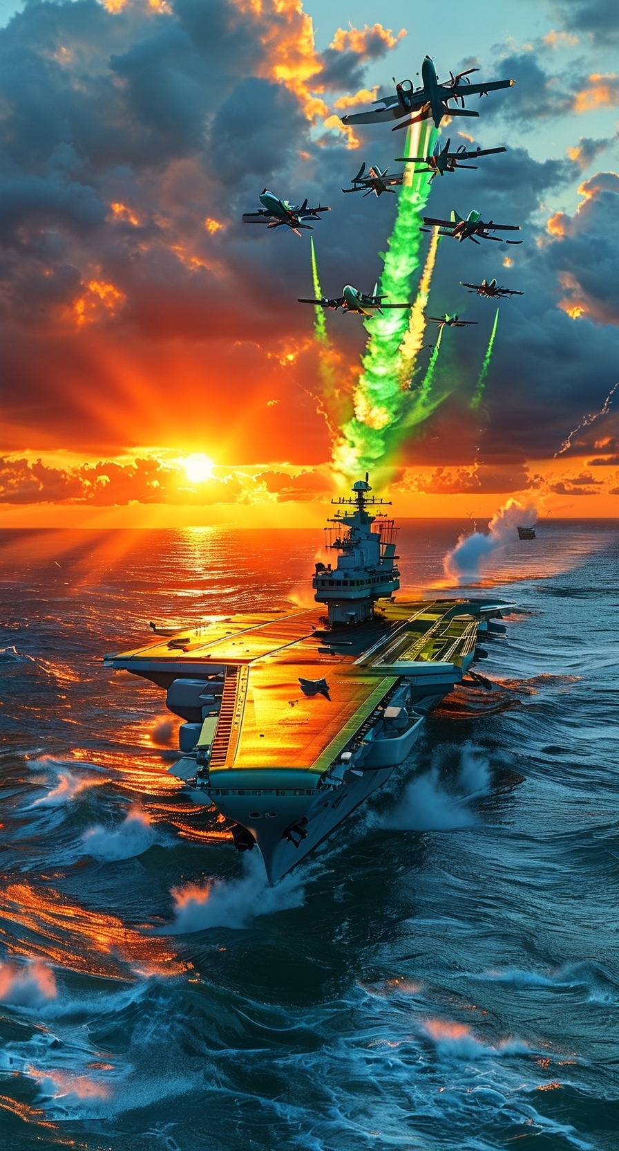 看我七十二变,战斗机编队夕阳下的完美演出,海浪为