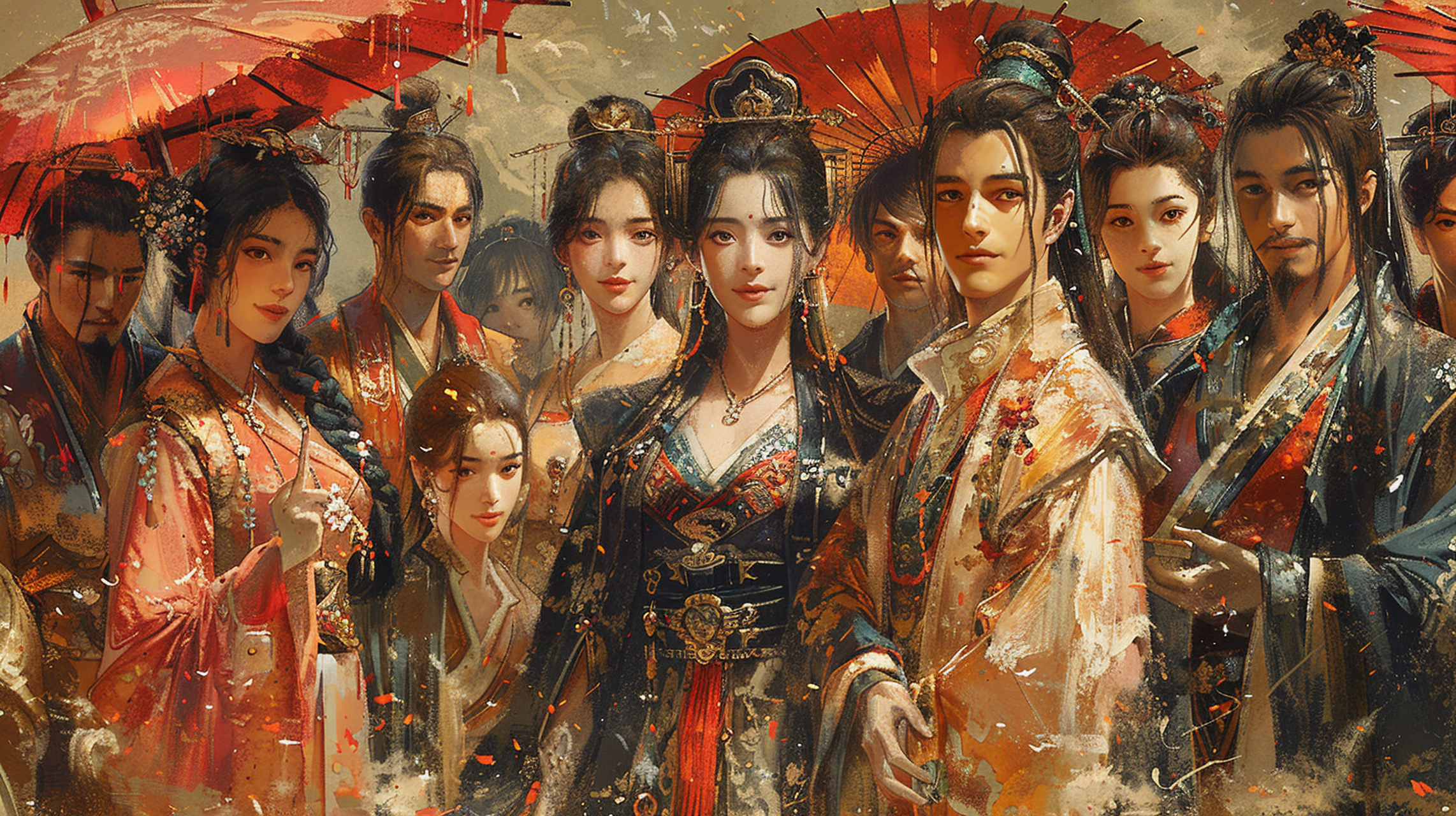 一幅古风女子群像插画,仿佛带我穿越到了千年前的江南水乡