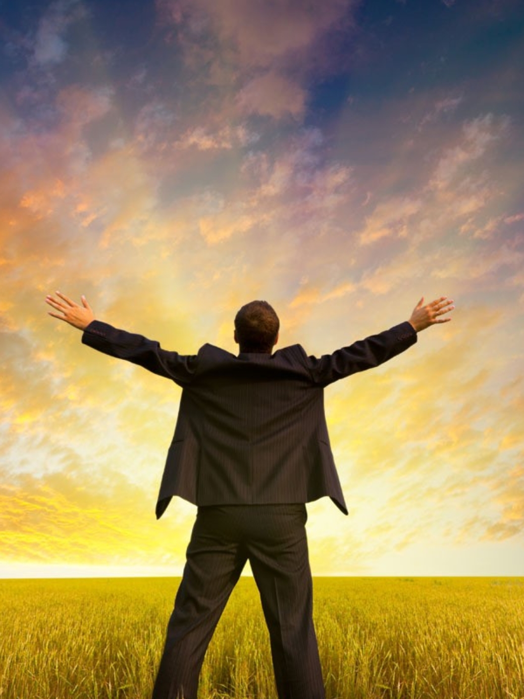 金黄的麦田中,男子静静地站着,抬头凝望天空,然后缓缓张开双臂,仿佛要