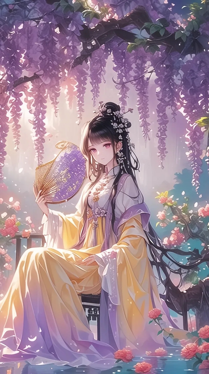 手机壁纸:紫藤花下,古风美人轻摇扇子,岁月静好. #女生