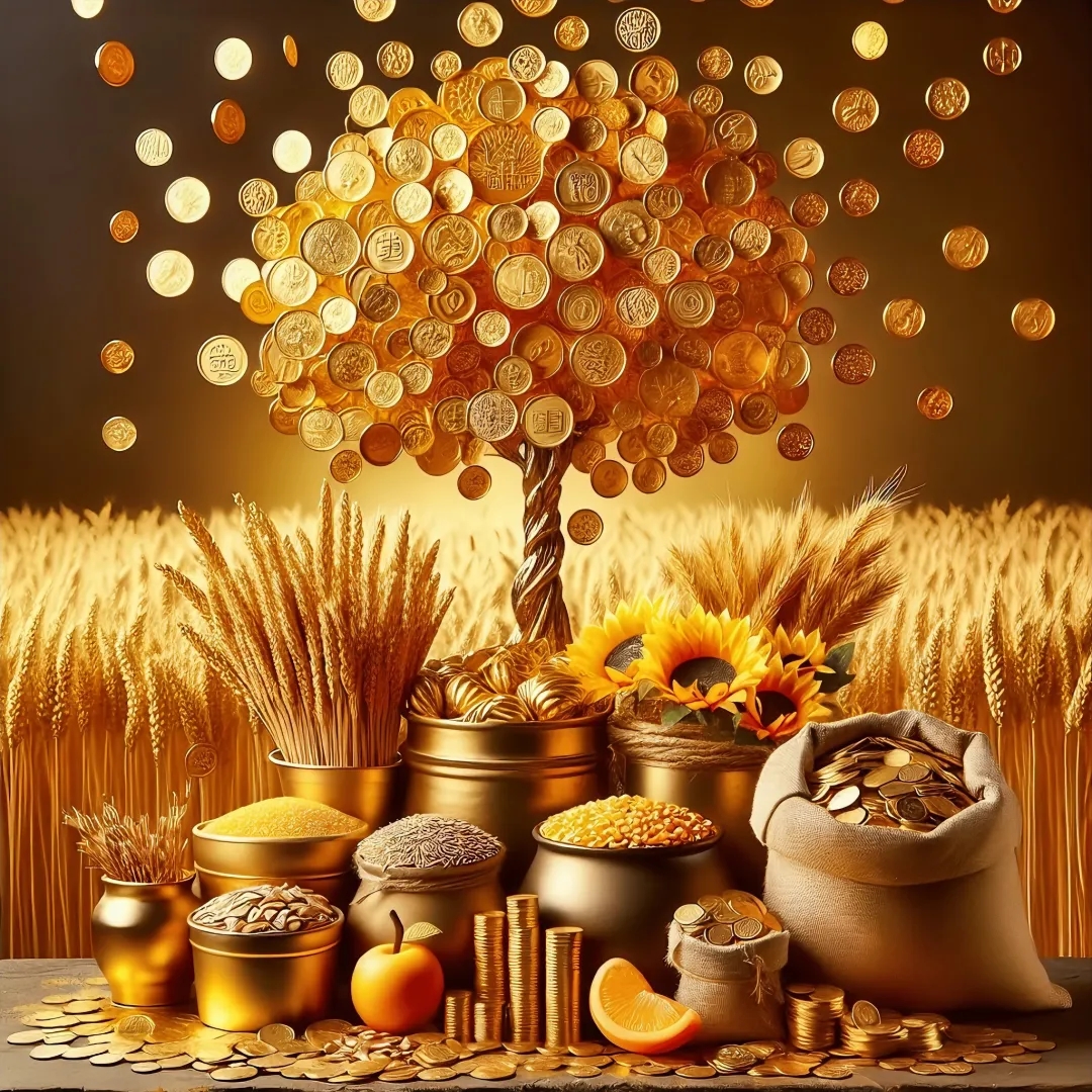 五谷 金币从天降,丰收的喜悦,金色麦田,阳光下的笑脸!