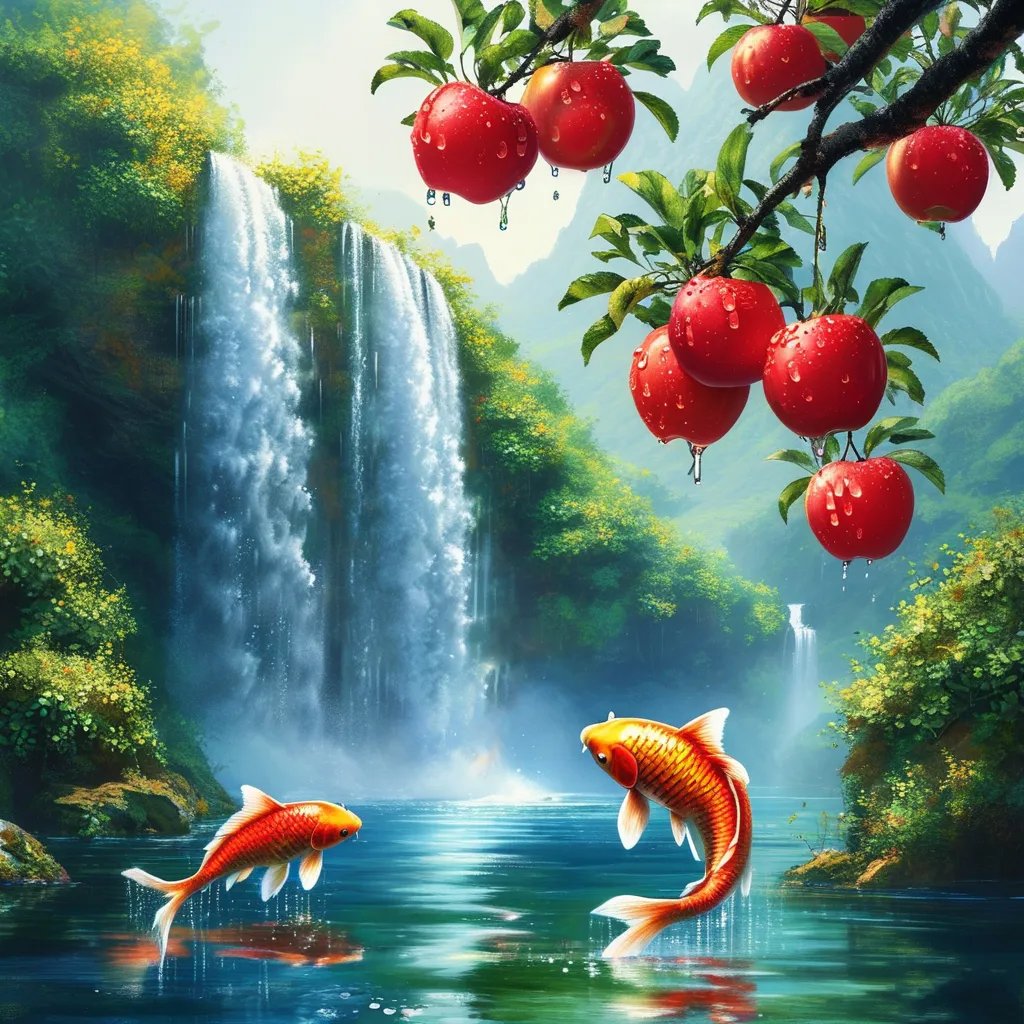 "游鱼戏水间,红果挂枝头,瀑布飞流下,好一幅生机勃勃的画卷!"#头像