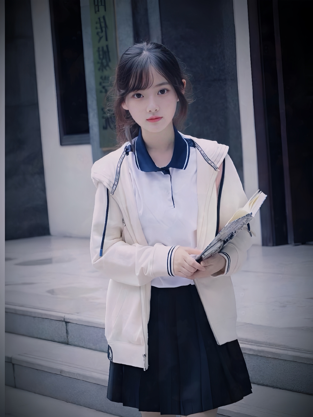 离开学校教室,直奔宿舍的这位女同学,身穿白色蓝领短袖白色背心校服
