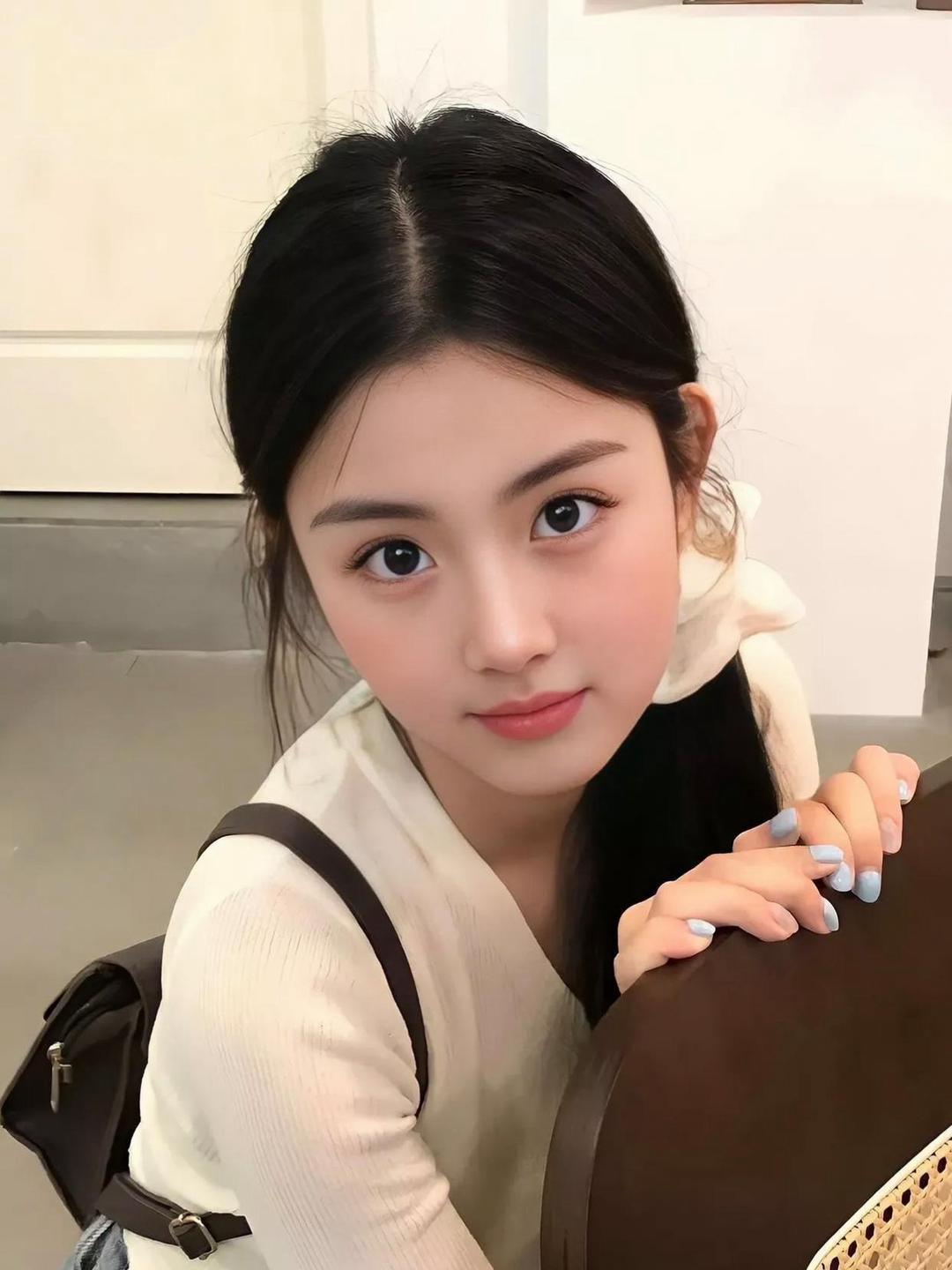小姐姐倒坐在椅子上,背着双肩包白色v领衫,头发洒落在前胸,红润的脸颊