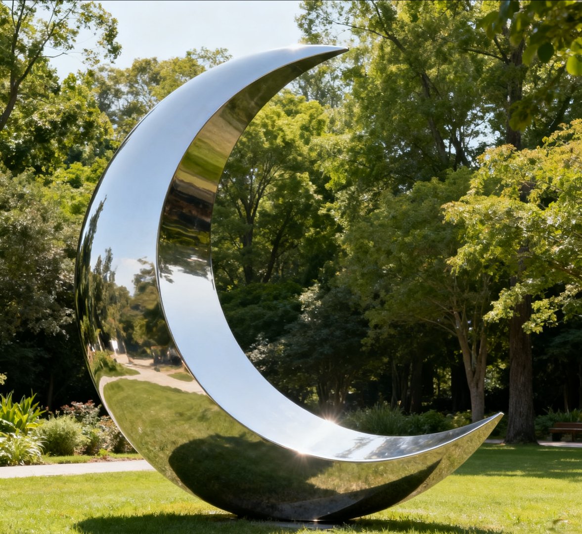 304镜面不锈钢几何月亮雕塑,多场景应用,可落户文旅小镇街区,镜面材质