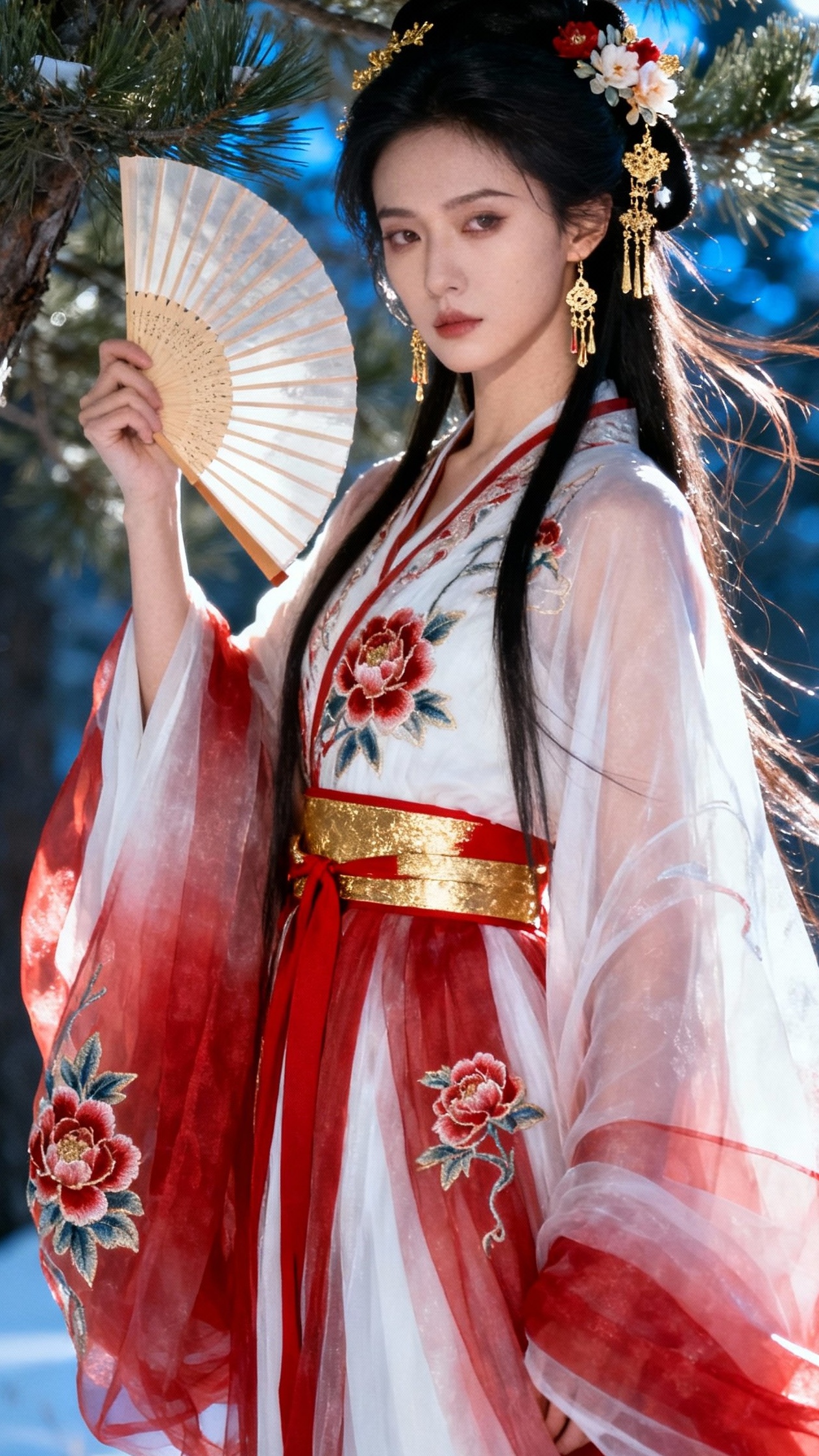 雪地里遇见古风美人,手持扇子,红衣翩翩,宛如画中仙