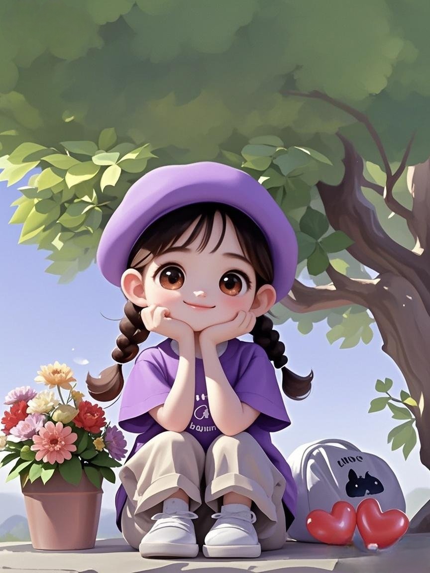 坐在树下,手托着脸,旁边是花盆和心形气球,可爱的小女孩,仿佛在等待着