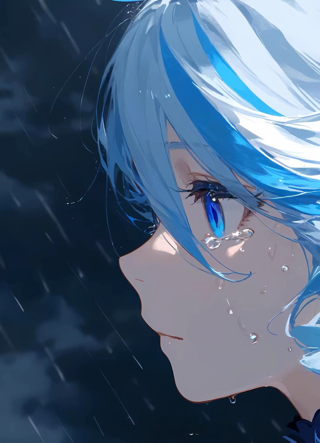 二次元# 雨中泪眼,蓝色发丝,动漫美少女的忧伤侧脸,让人心疼