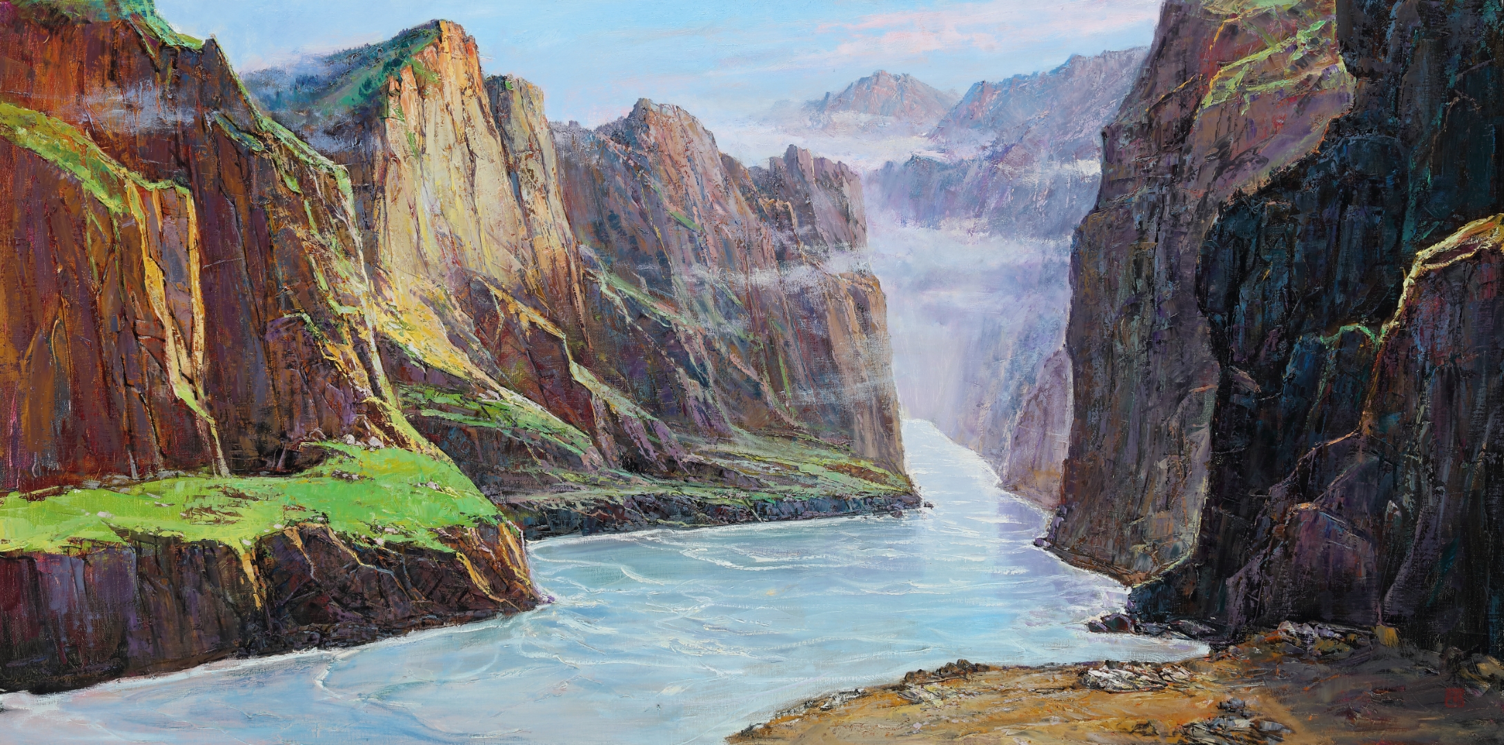 朱曜奎老师精品油画《青山绿水长相依》,尺寸100x200cm,2012年创作