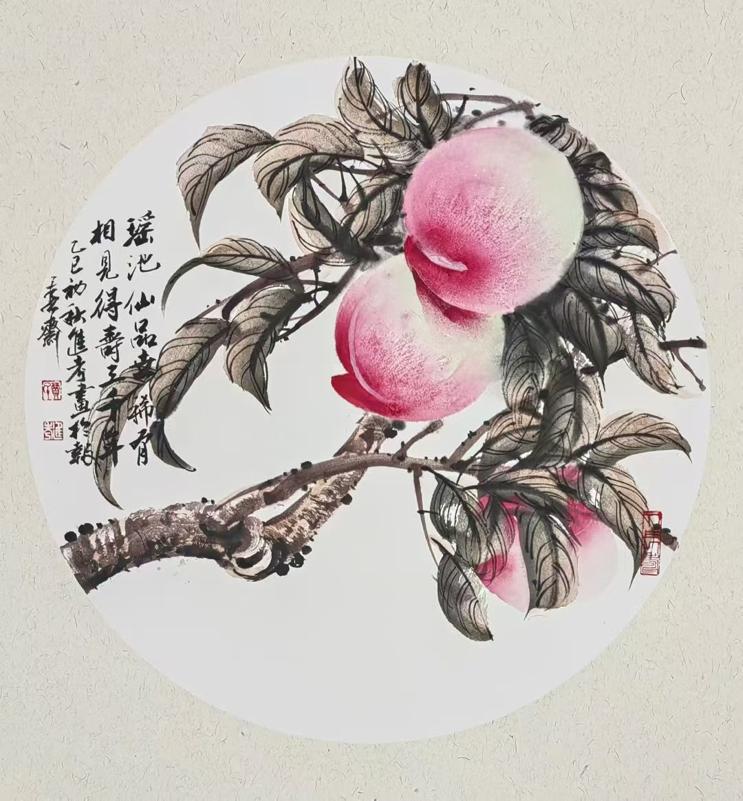贾进考老师精品寿桃国画,品相完好,带老师合影视频
