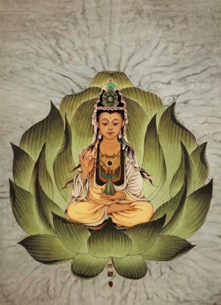 中国画家陶永升工笔画原创《卧莲观音》68x90cm