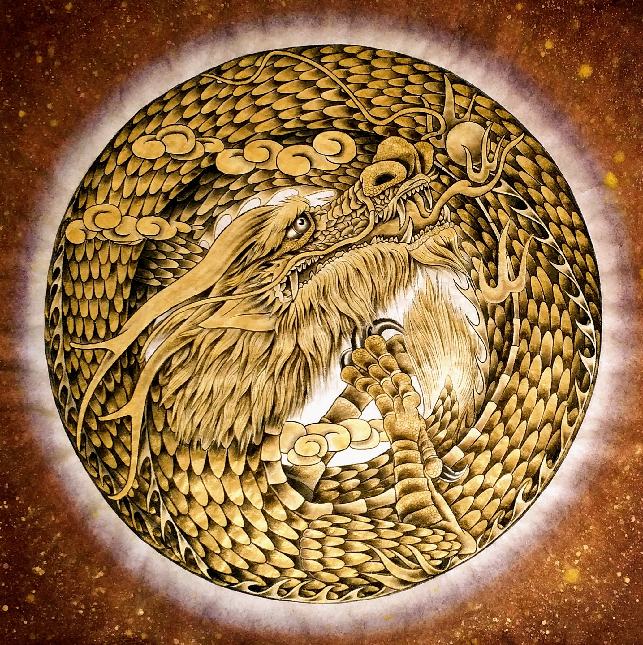 中国画家陶永升现代工笔重彩画金粉艺术68x68cm