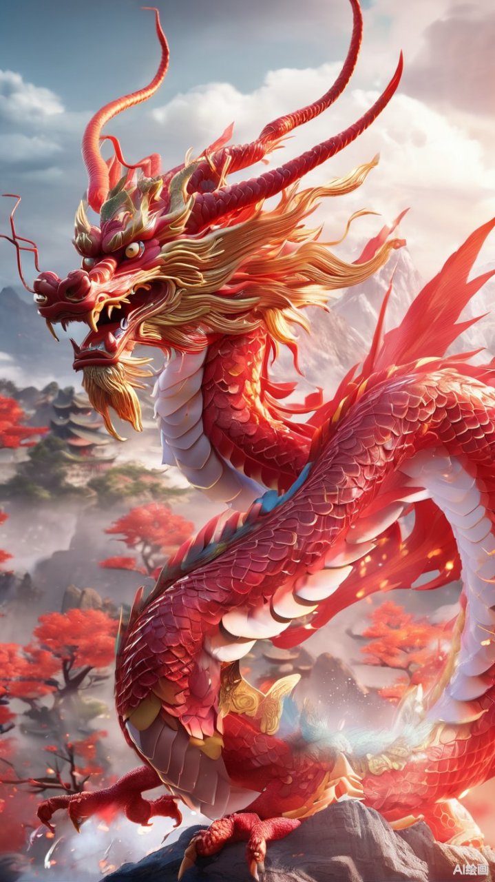 在云雾缭绕的山川之间,一条威武的中国龙盘旋于天际.