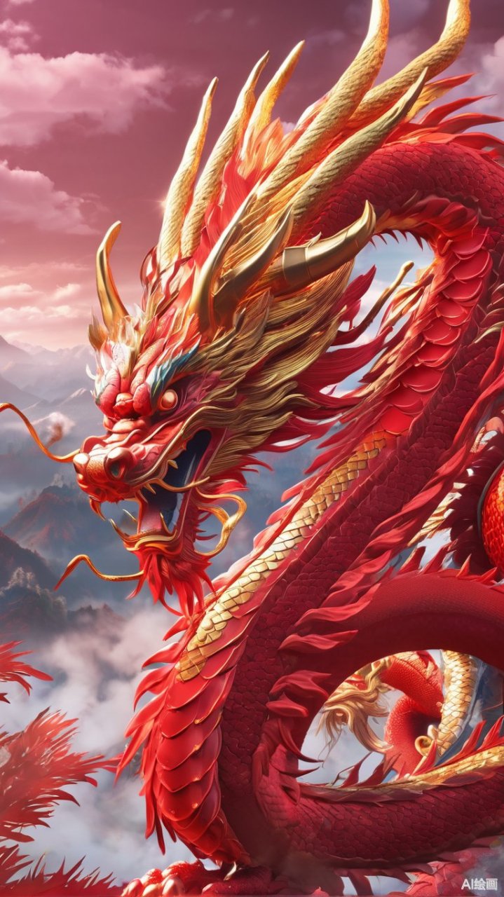 在云雾缭绕的山川之间,一条威武的中国龙盘旋于天际.