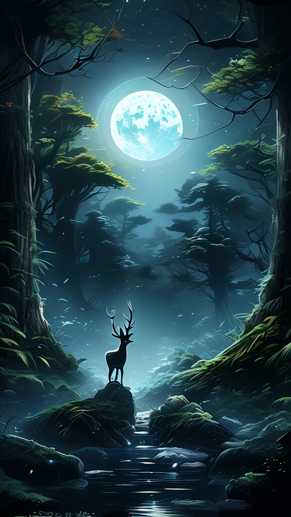 在这无垠的森林中,一只黑色的鹿静立,仿佛是大地的精灵,夜的使者