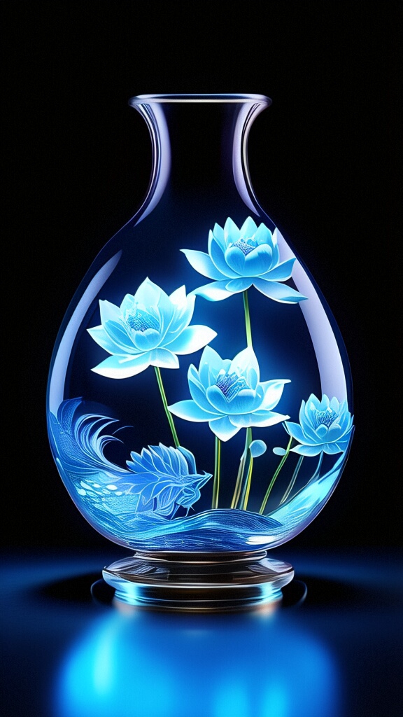 透明的玻璃花瓶,映衬着深色的背景,荷花在其中静静绽放,宛如一幅