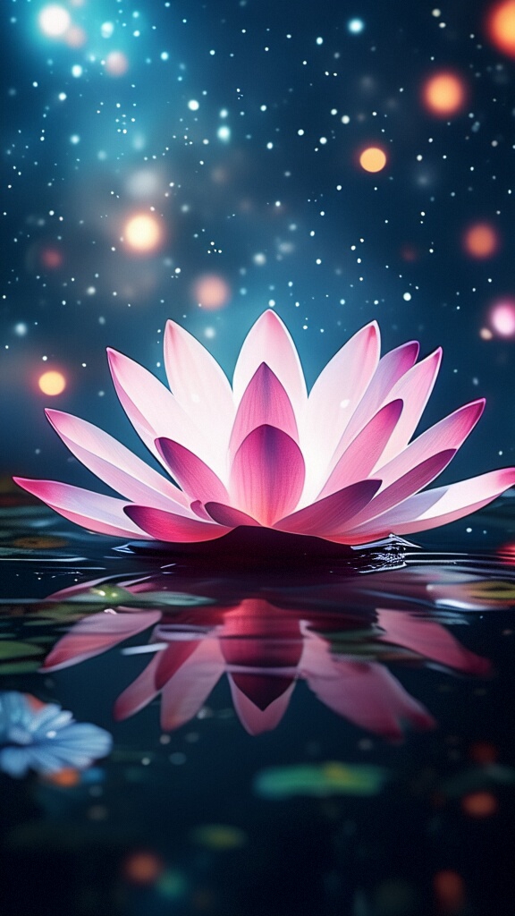 水面上的倒影与荷花相映成趣,仿佛整个宇宙都在这一朵荷花中绽放.