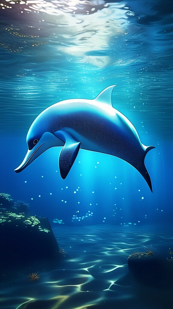 98  97 深蓝的海底,一只海豚轻盈跃起,仿佛在空中舞蹈.