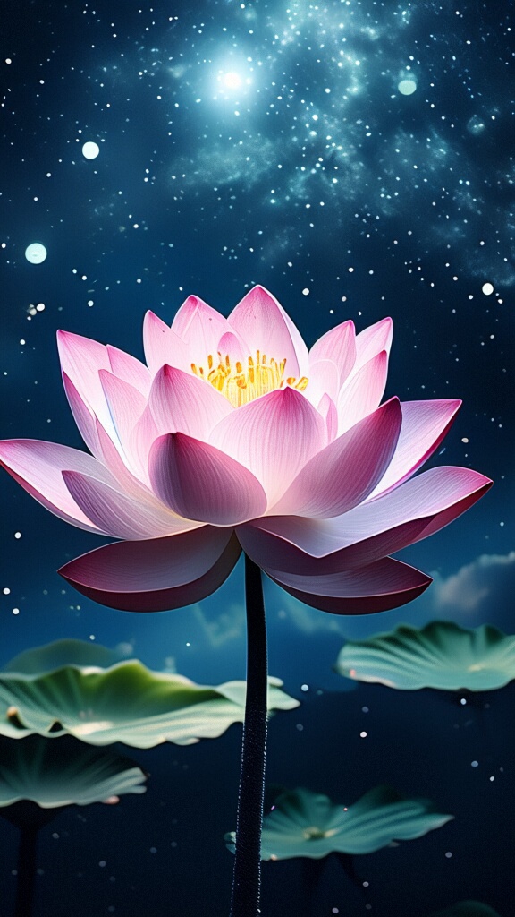 水面上的倒影与荷花相映成趣,仿佛整个宇宙都在这一朵荷花中绽放.