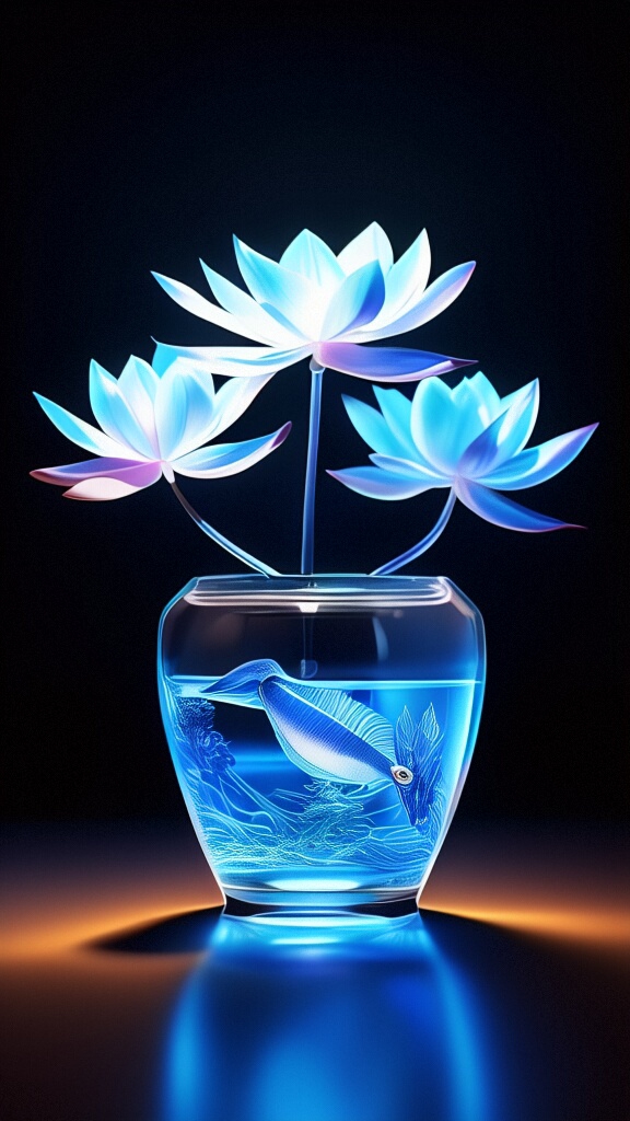 透明的玻璃花瓶,映衬着深色的背景,荷花在其中静静绽放,宛如一幅