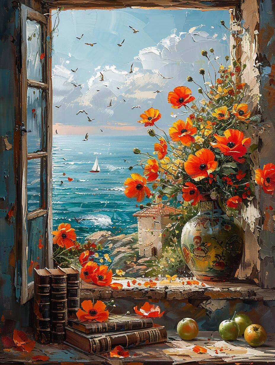 窗台上,橙色花朵与苹果相互映照,如同夏日的阳光与初秋的果实,和谐