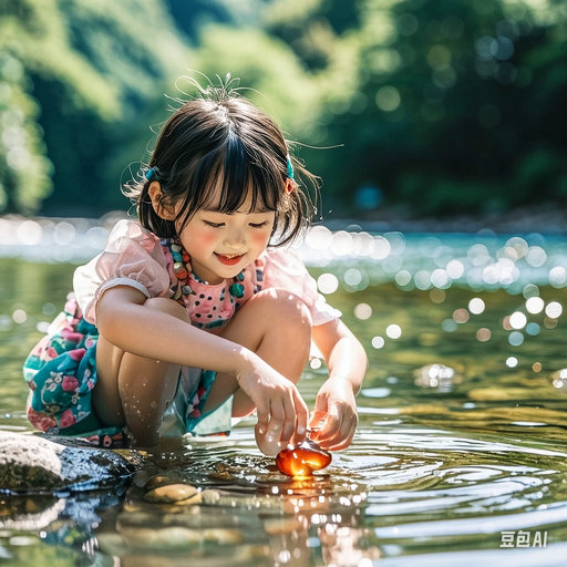 夏日清凉,小河边,天真浪漫小女孩的欢乐时光,捕捉到一只小虾,心情