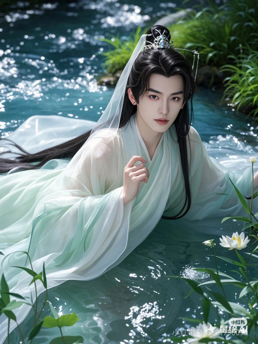 青衣美男白色古风长裙图片男子仙气酵素飘仙男子与荷花吴亦凡古装一个
