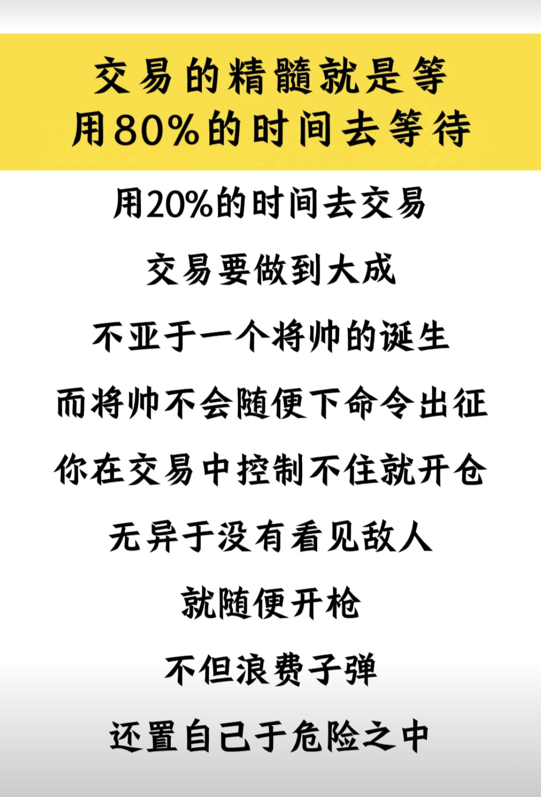 交易的精髓,在于耐心等待,八成时光静候良机,仅两成时间果断出击