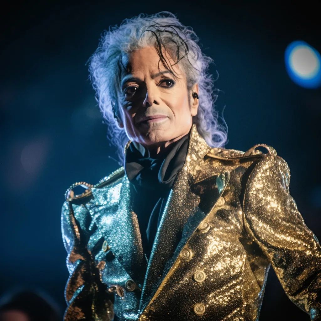 迈克尔杰克逊ai天王80岁想象图  白色长发随风飘扬,金色西装闪耀着独