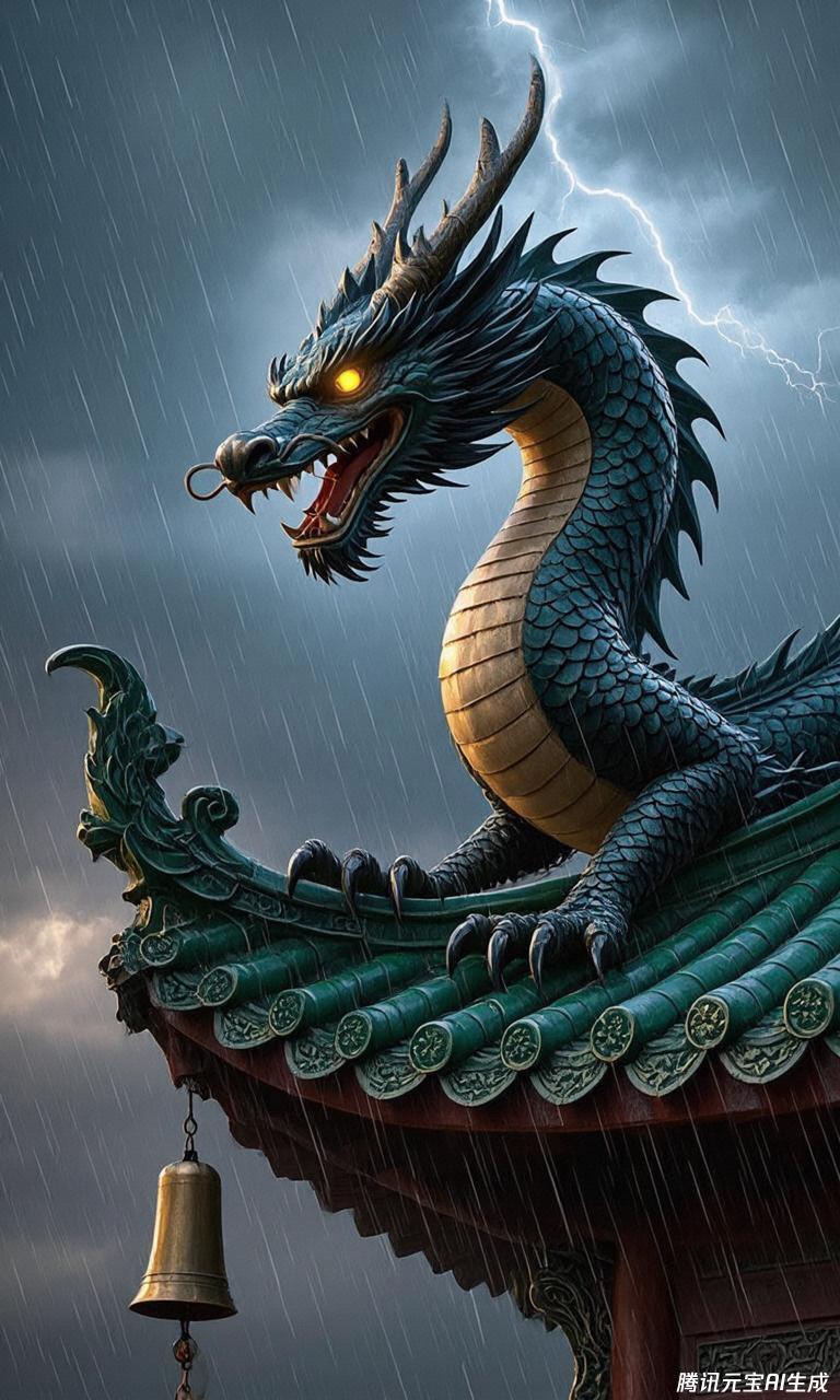 嘲风,龙首兽身覆盖青黑色鳞甲,双目如炬炯炯有神,刀锋状犄角破云而立