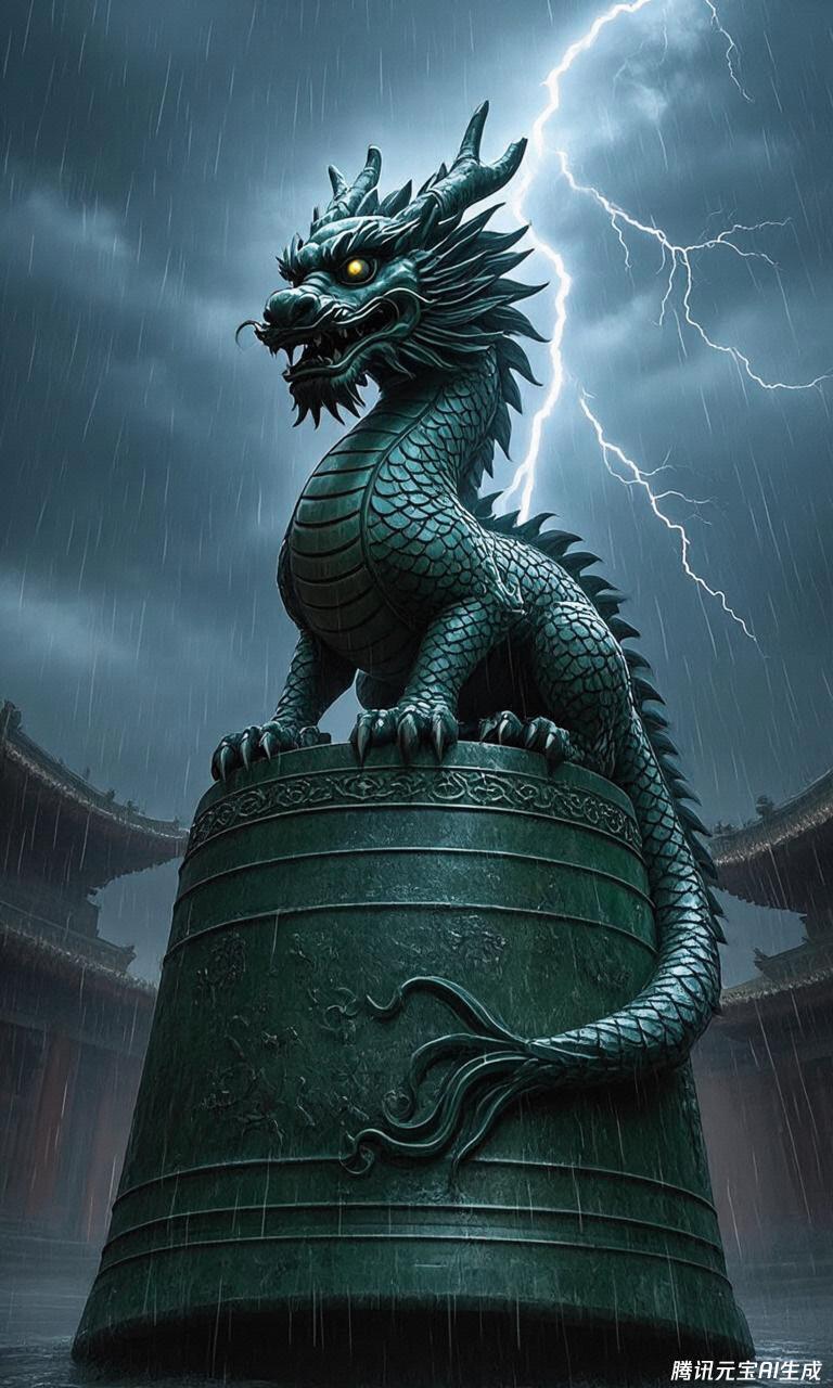 嘲风,龙首兽身覆盖青黑色鳞甲,双目如炬炯炯有神,刀锋状犄角破云而立