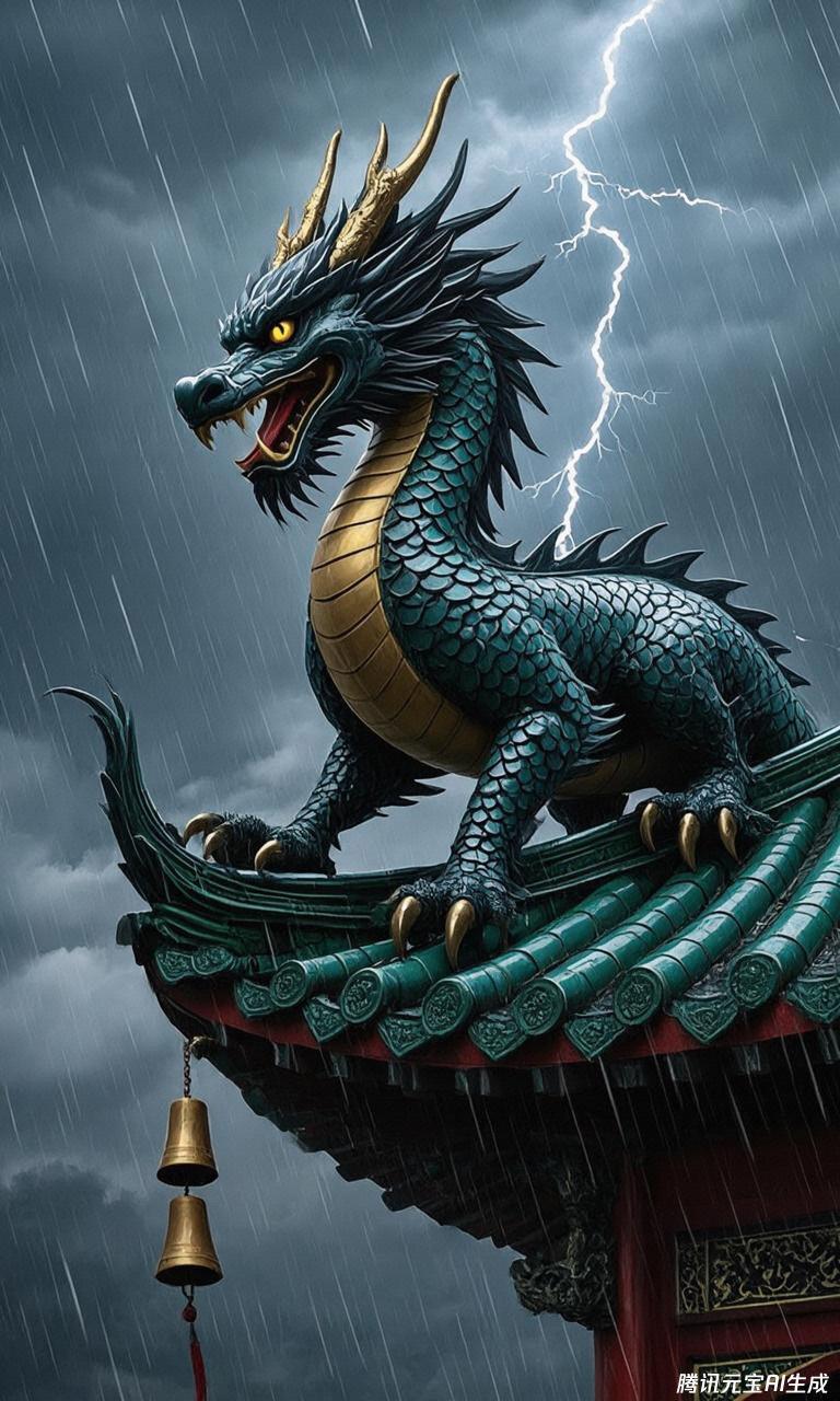 嘲风,龙首兽身覆盖青黑色鳞甲,双目如炬炯炯有神,刀锋状犄角破云而立