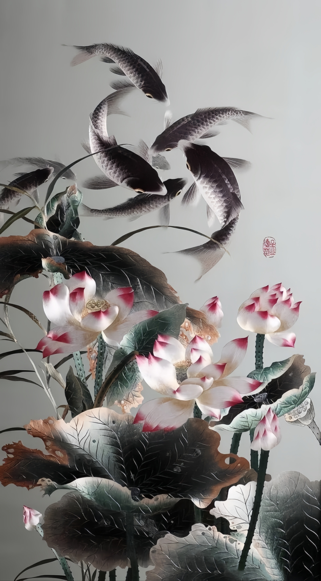 九鱼图,荷花盛开,生活和和美美,转发此图,愿你日子如鱼得水,幸福连连!