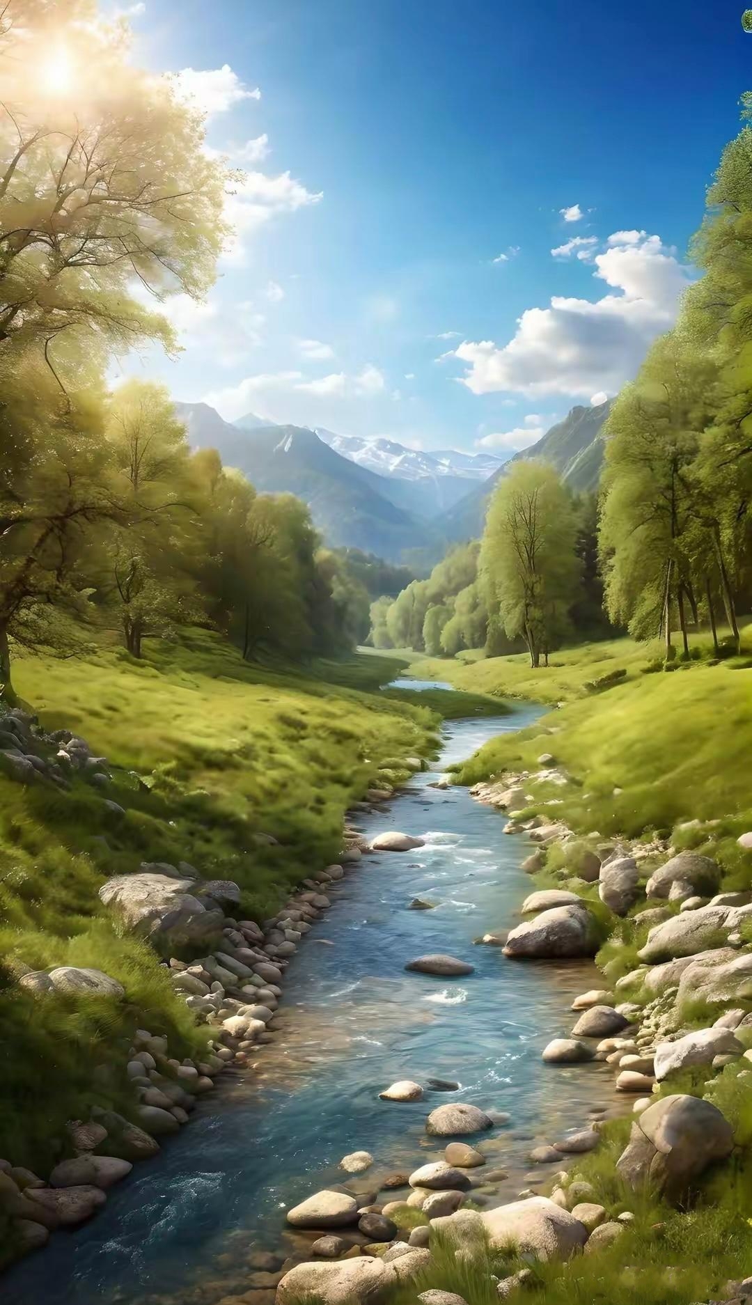 崇山峻岭中有一条蜿蜒清澈的小河.