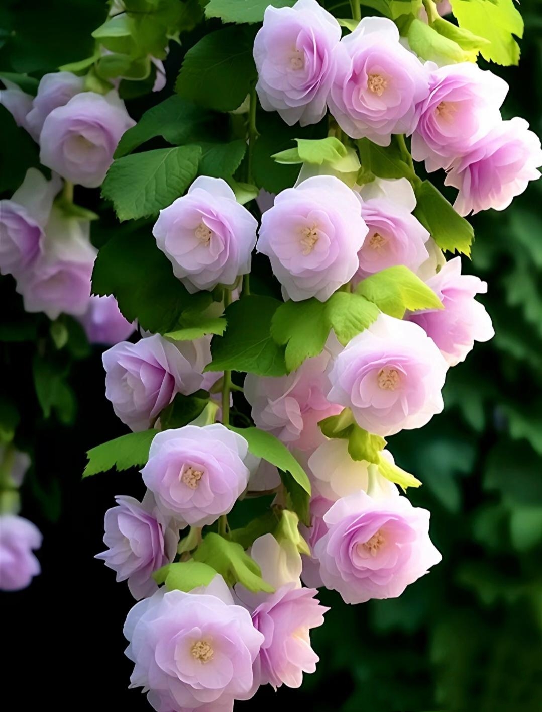 春日花园,粉白海棠花垂挂如瀑布,清新脱俗,美不胜收.