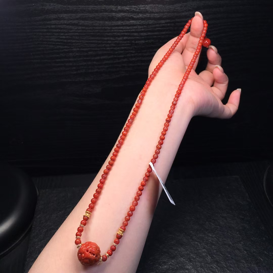 南红diy项链 全品干净无杂 满色满肉 色泽红润 牛血红 貔貅圆珠直径