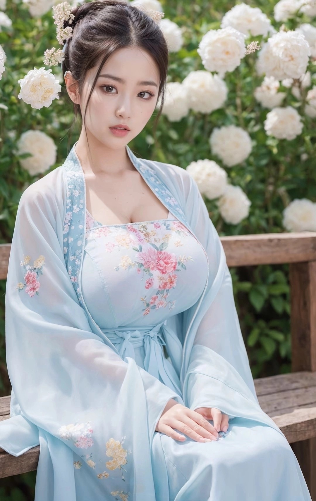 坐在木凳上,她被满园春色包围,身着浅蓝汉服,衣袂飘飘,仿佛从古画中