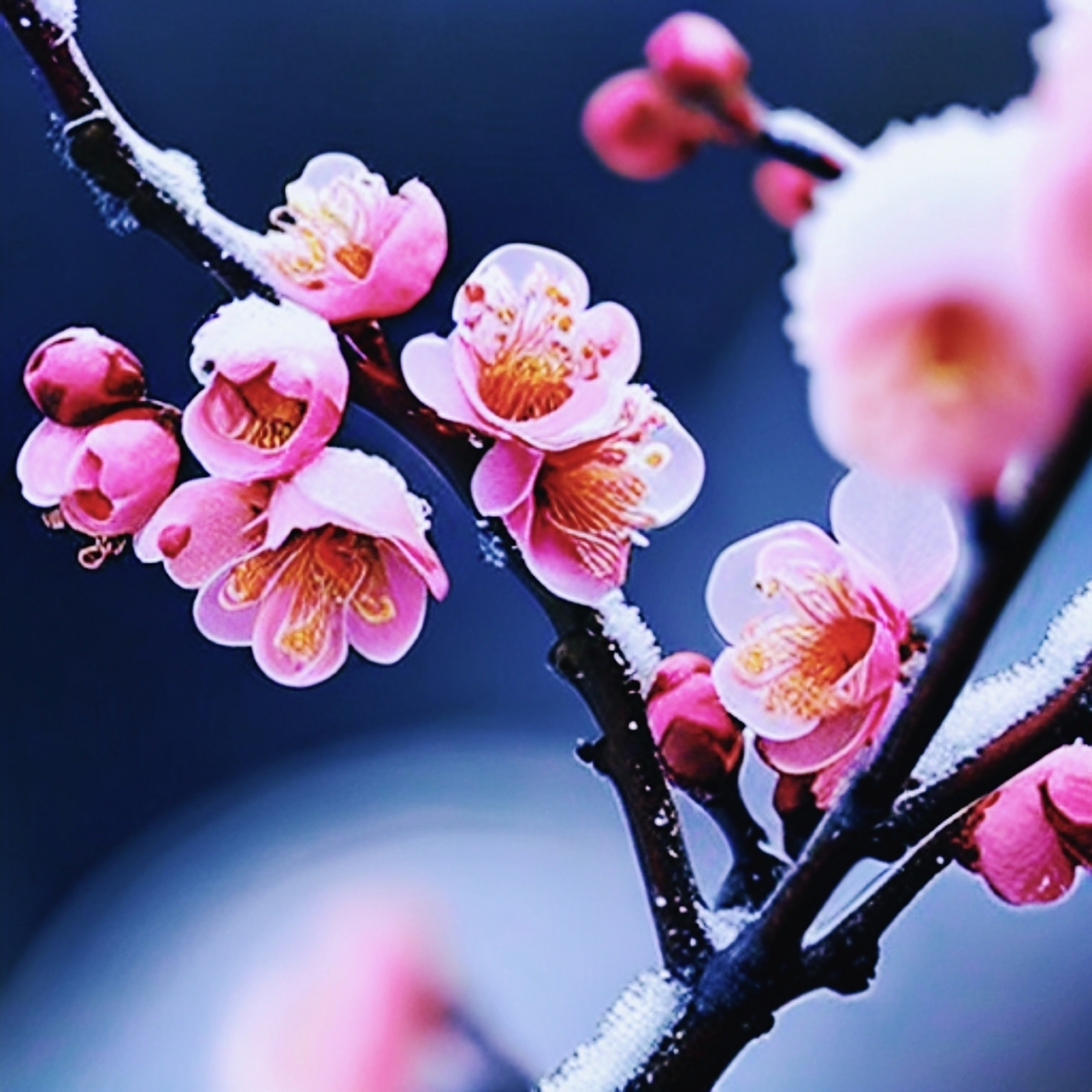 雪压枝头映梅花, 寒风中吐香自华. 冬日仙子下凡间, 赠予人间一抹霞.