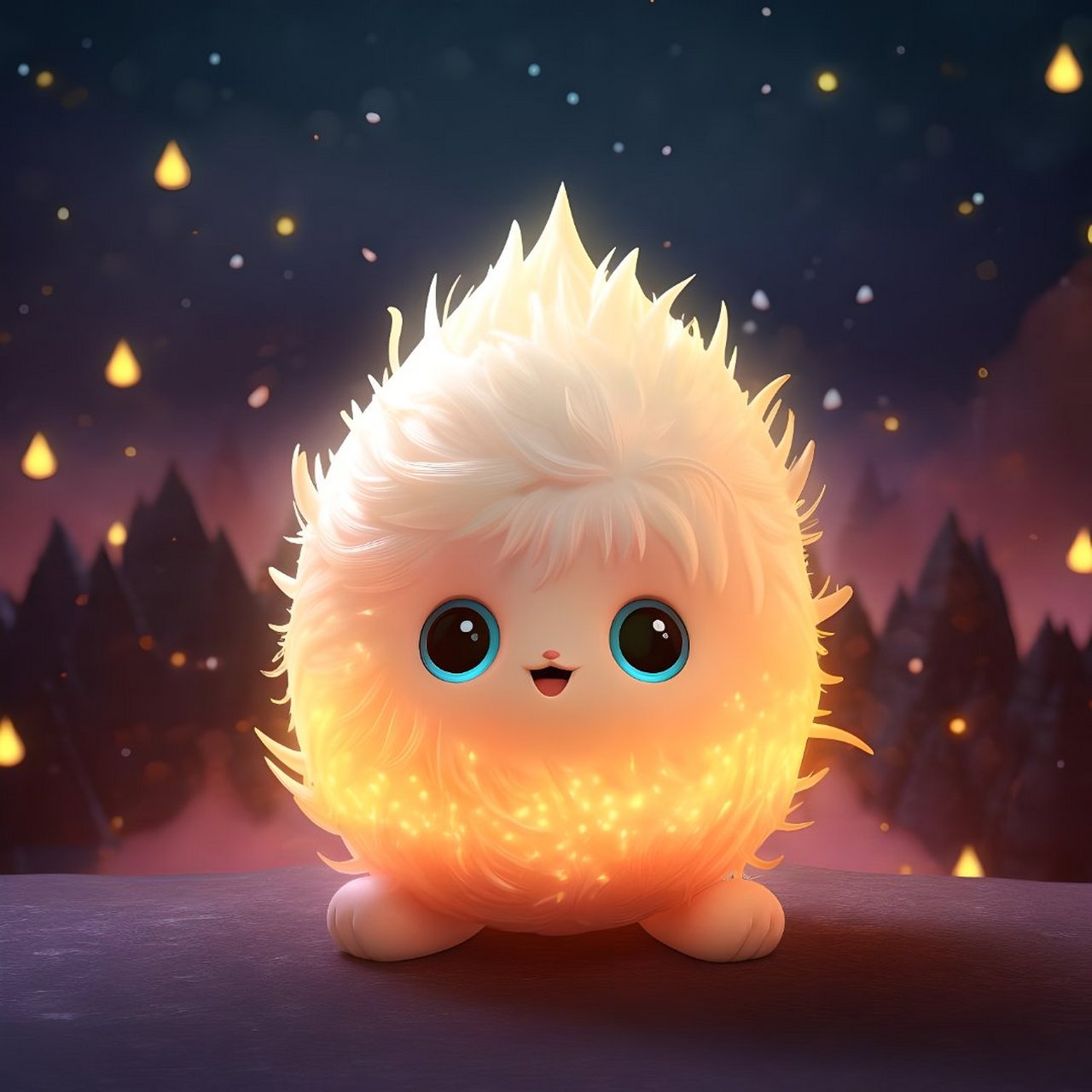 90在一个深蓝色的夜晚,一个可爱的小怪物漫步在金光闪闪的星球上.