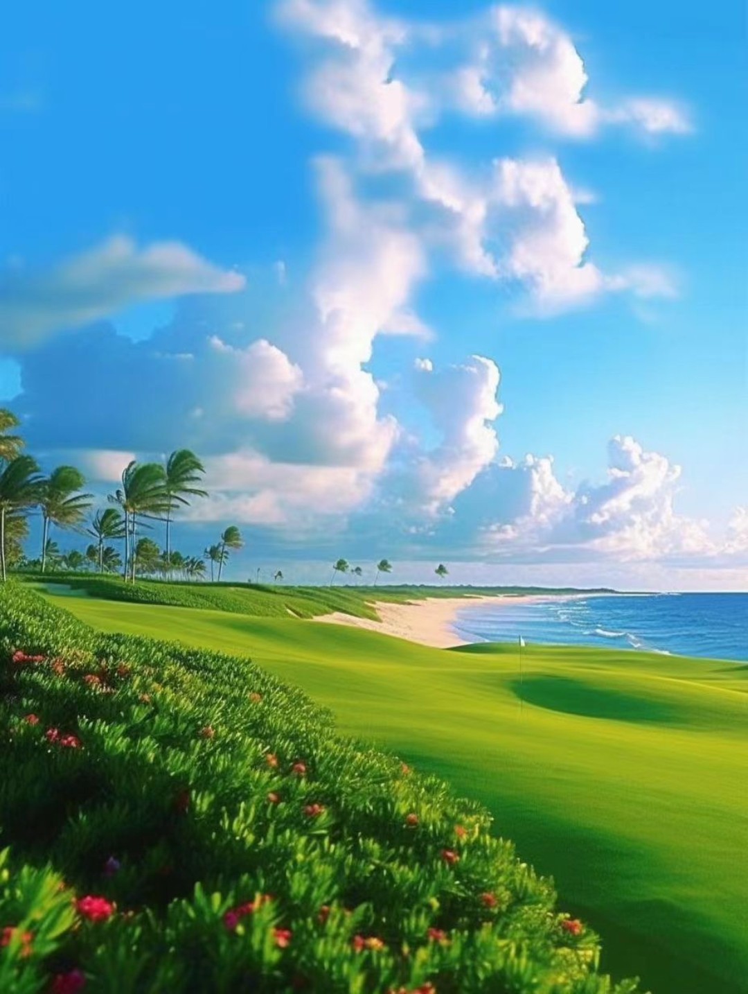 9015 天空如洗,大海无边,绿色的草地和红色的花朵交织成一幅美丽