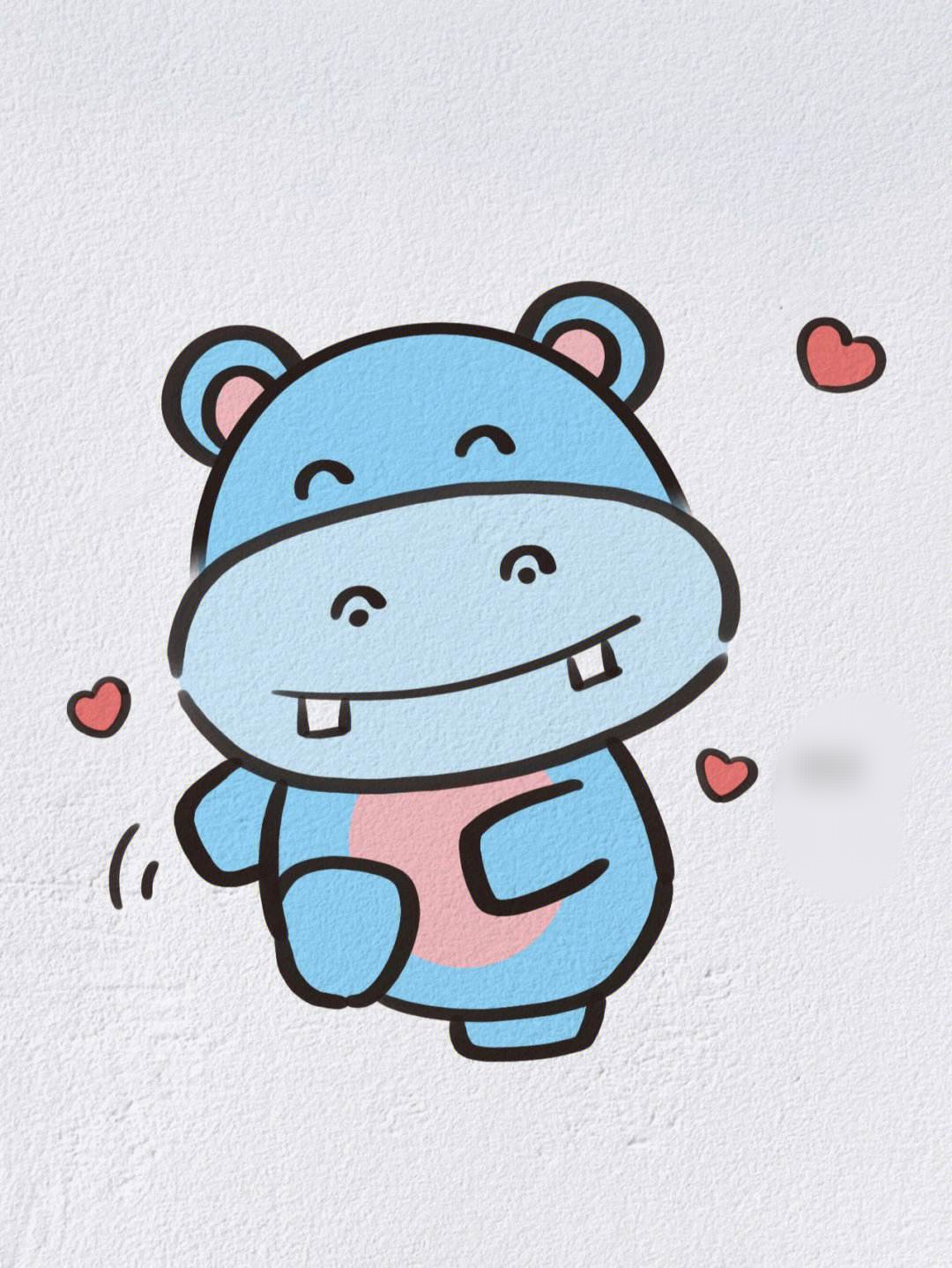 一只淡蓝色的河马站在红色爱心里,它张着嘴,舌头伸出来,简直太可爱了!