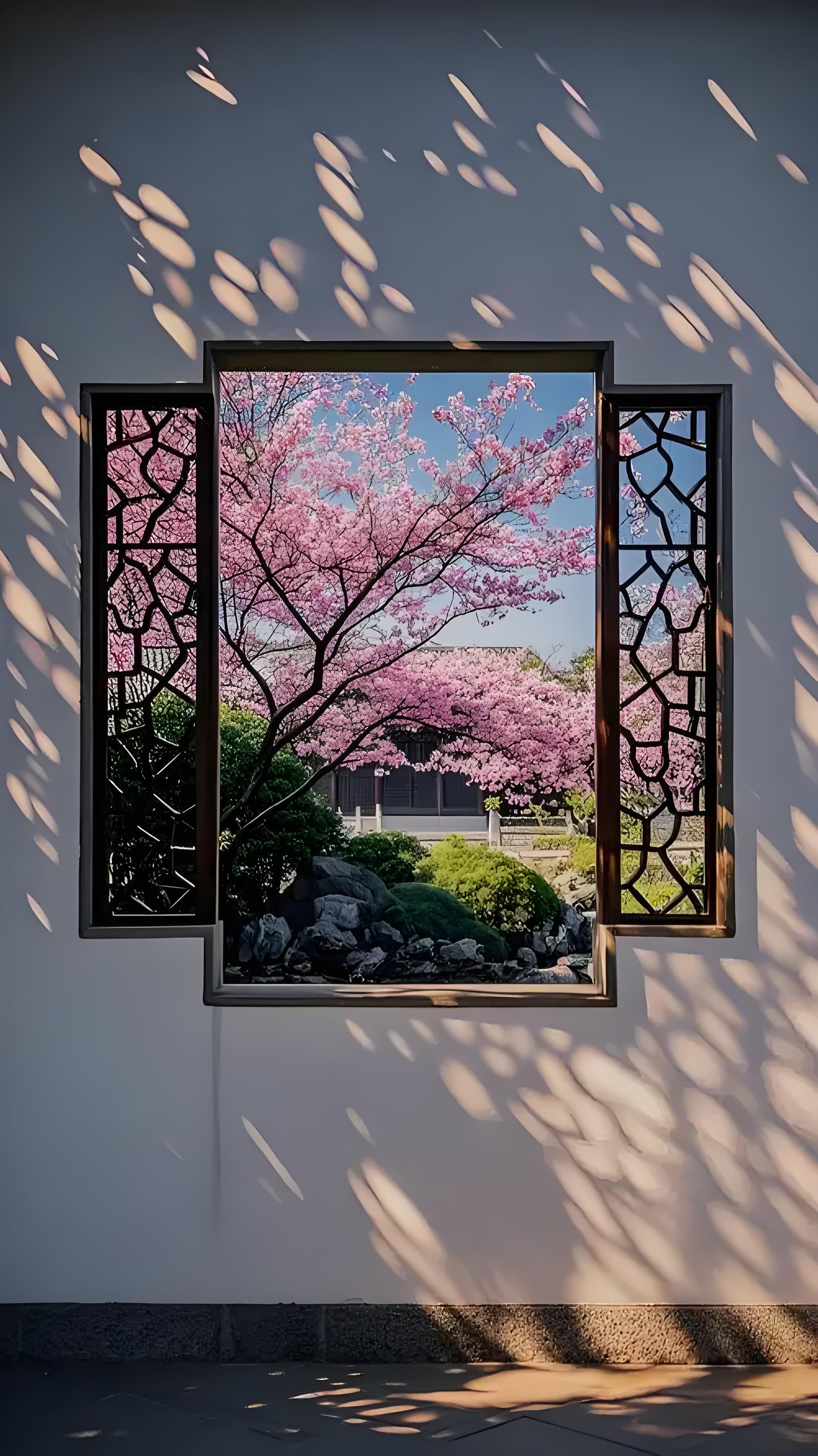 窗外千万朵娇艳的碧桃竞相绽放,花朵粉嫩娇