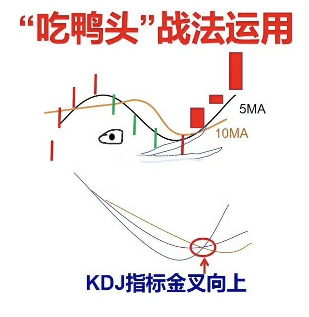 "老鸭头战法,是趋势形态中的一种,也是比较典型的一款,kdj金叉上扬