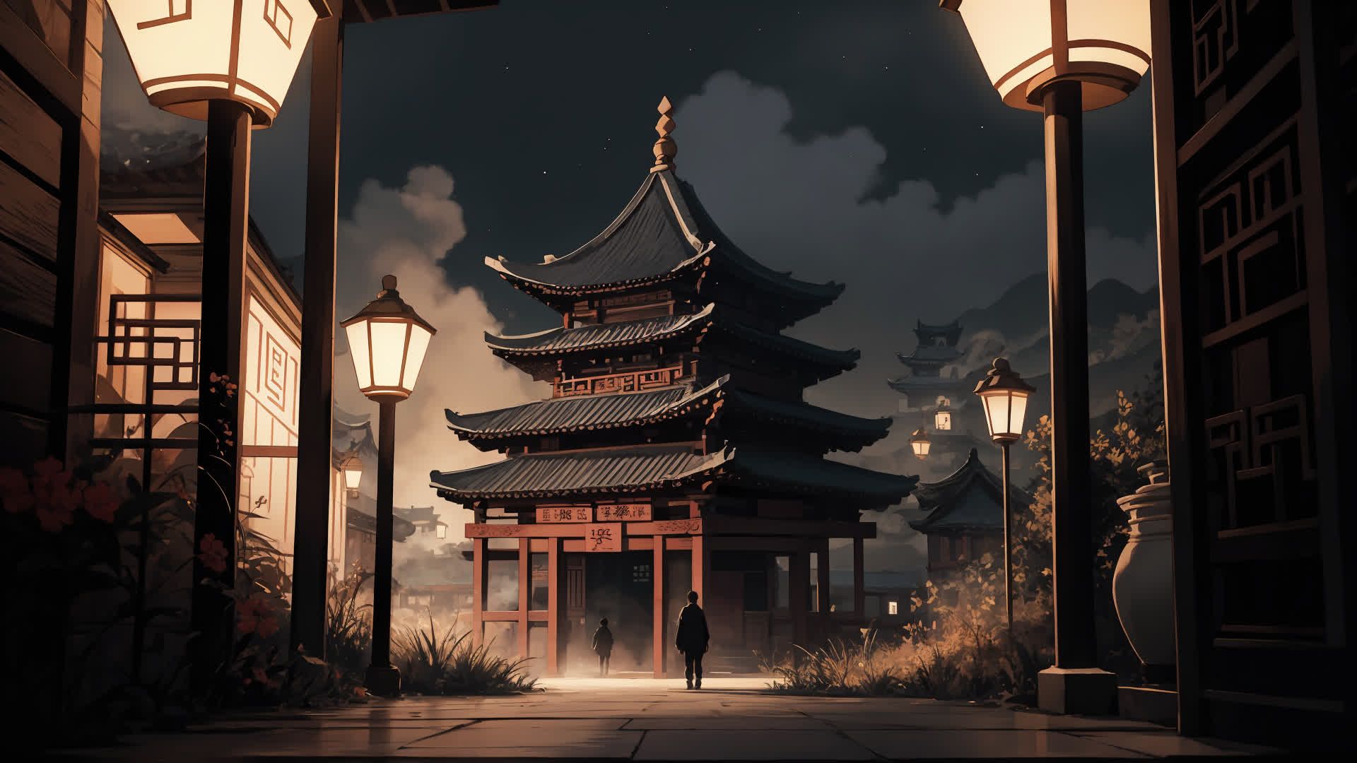 夜幕下的古风建筑,灯火阑珊处,我独自前行.