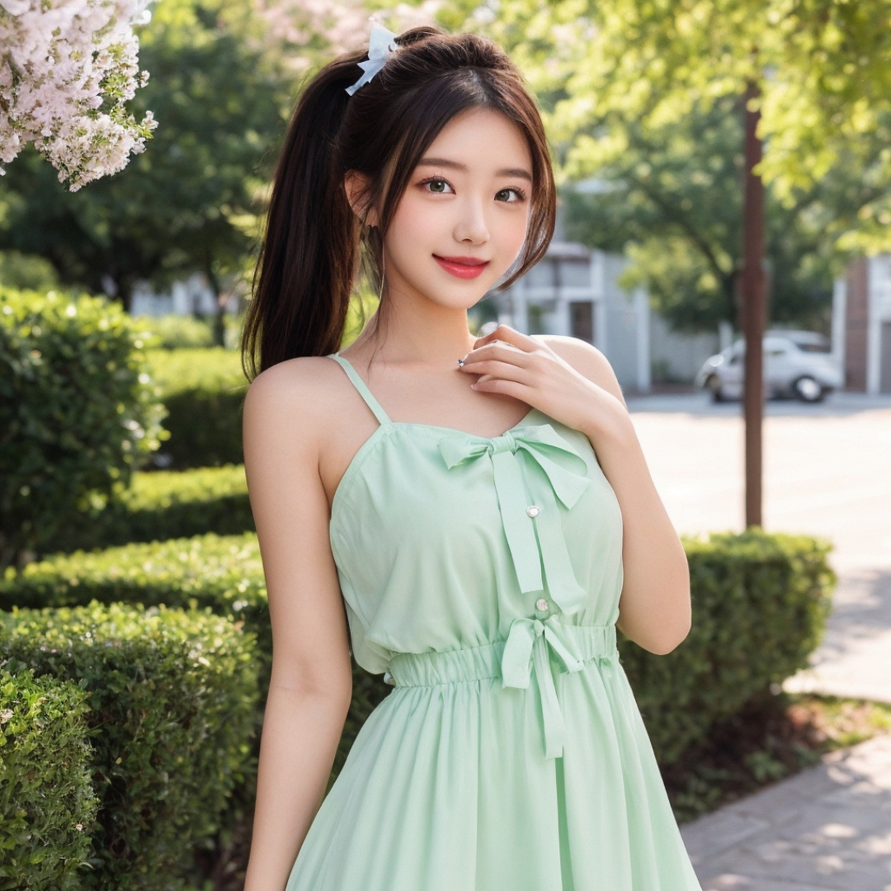 一位娇小可人的女孩,身着一袭嫩绿色的连衣裙,裙褶间仿佛蕴含着春日的