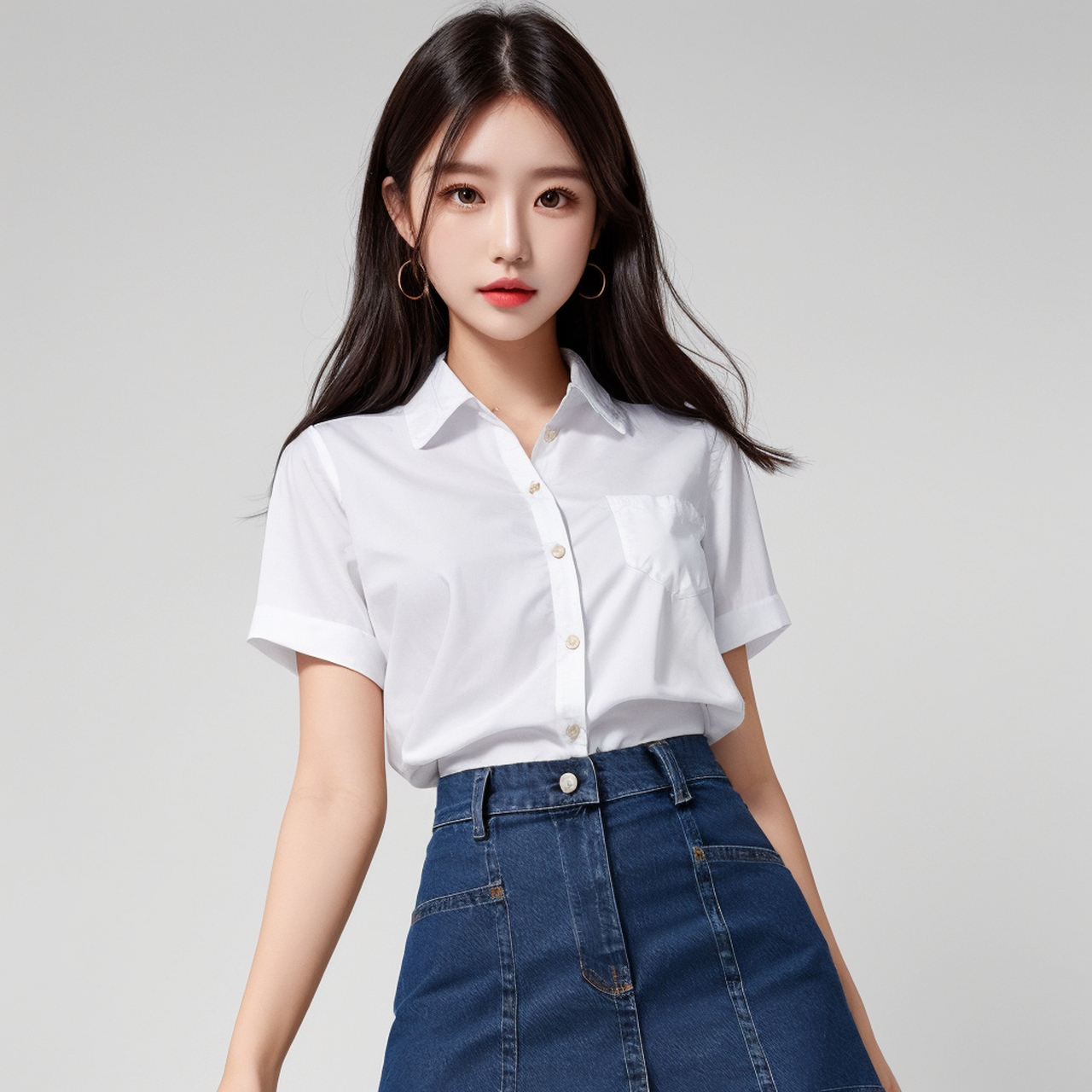 这个女孩穿着一件时尚的牛仔裙,搭配着一件简约的白衬衫,尽显清新自然