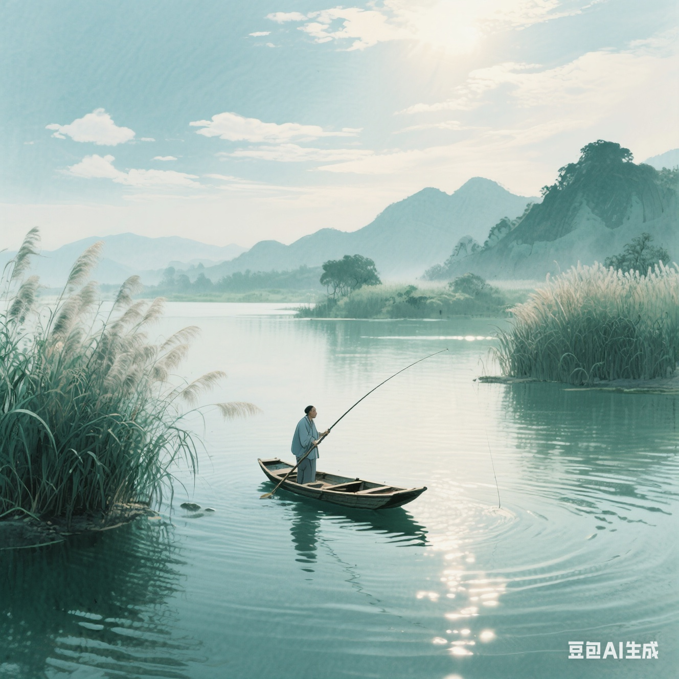 荻岸云收天系水,芦汀鹭起影浮渊. 垂纶醉揽三更月,把盏狂歌万里川