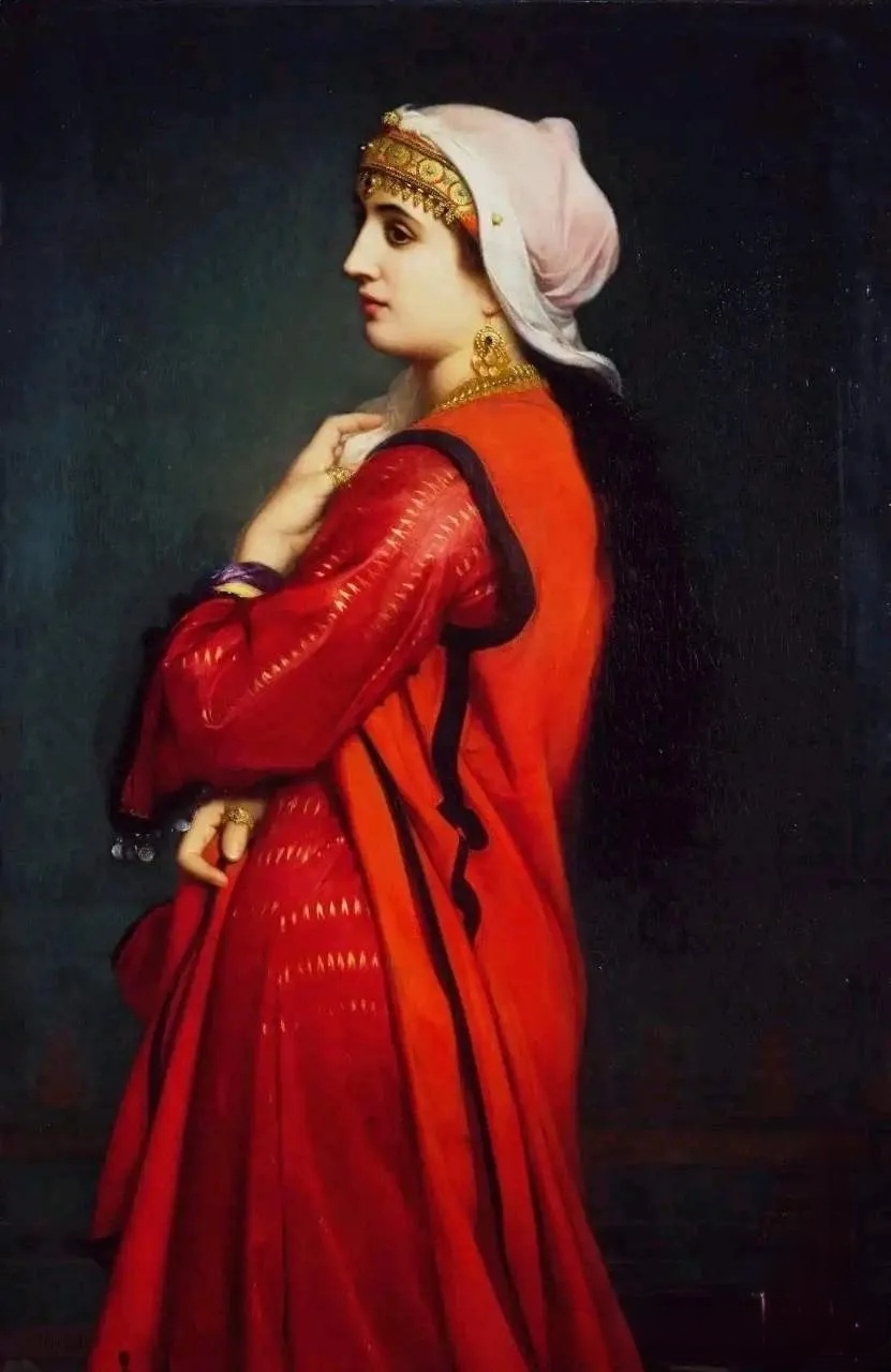 该画描绘了一个身着传统服饰的女性,其服装和头饰都展示出一种文化上