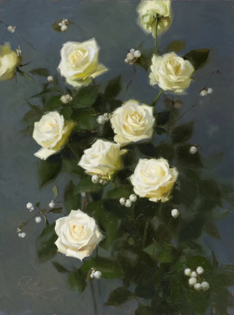 的灰蓝色调与花朵的纯净白色形成对比,营造出静谧优寻酌倒 背景图油画